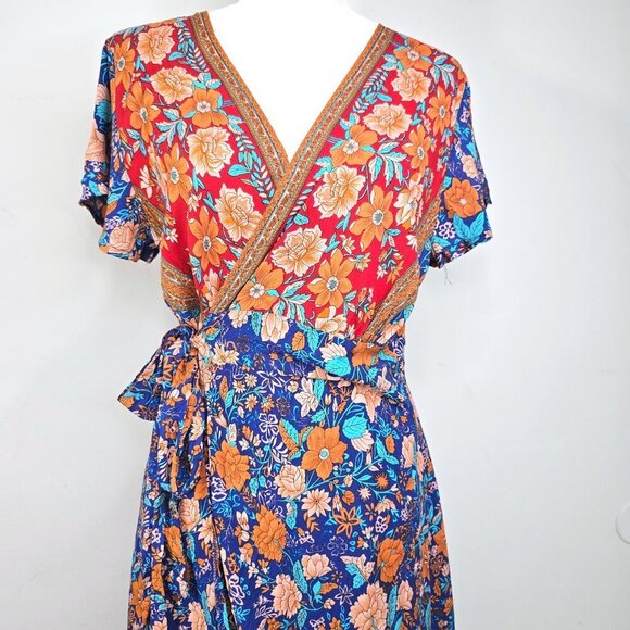 NWT PrettyGarden Blue Red Floral Wrap Boho Gypsy Maxi Dress - Picture 3 of 13